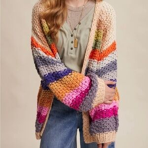 Listicle Cream Open-Front Cardigan with Rainbow Stripes